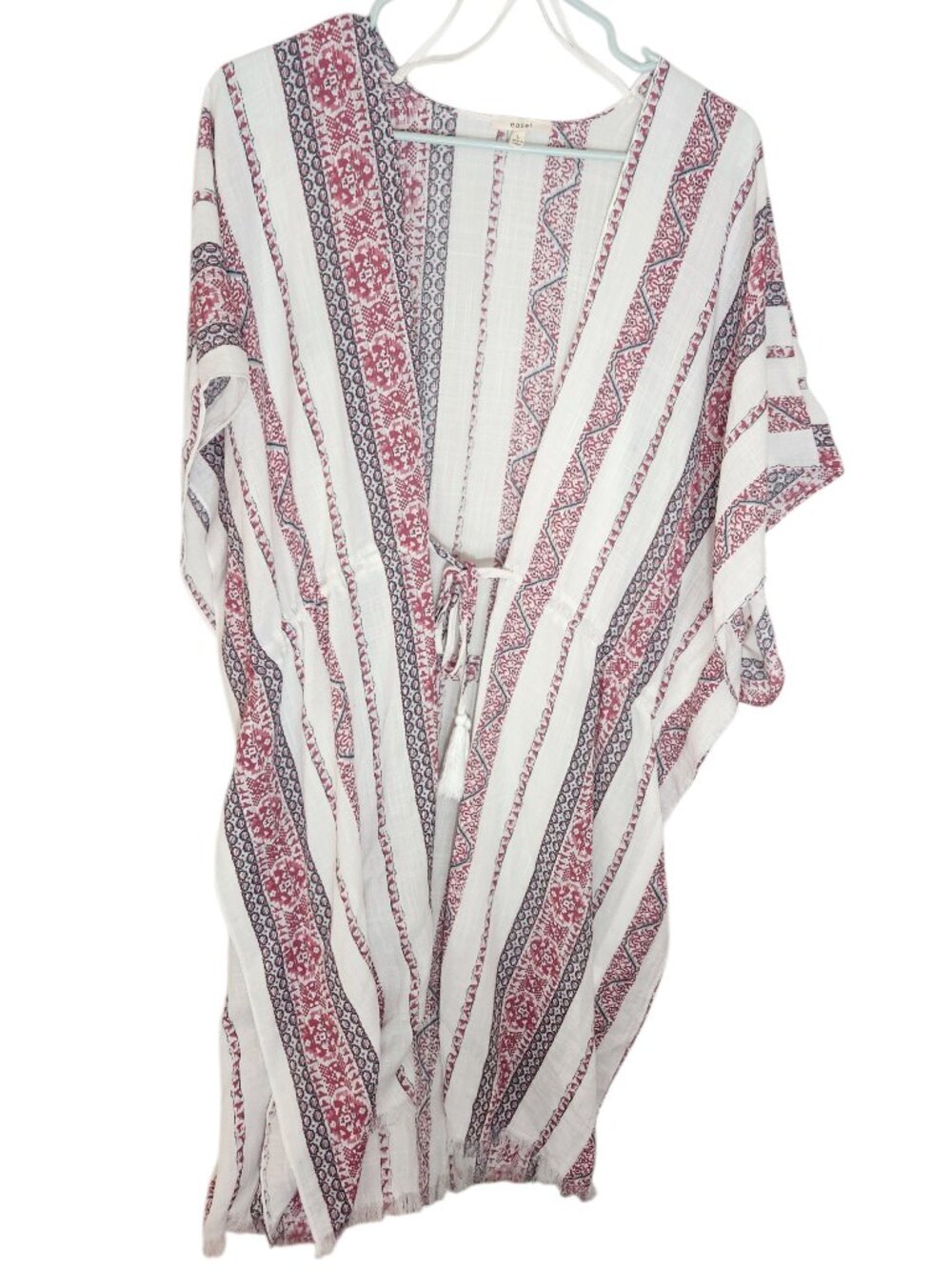 Easel Boho Striped Front-Tie Drawstring Tassel Kaftan Kimono Cover-Up Cardigan L